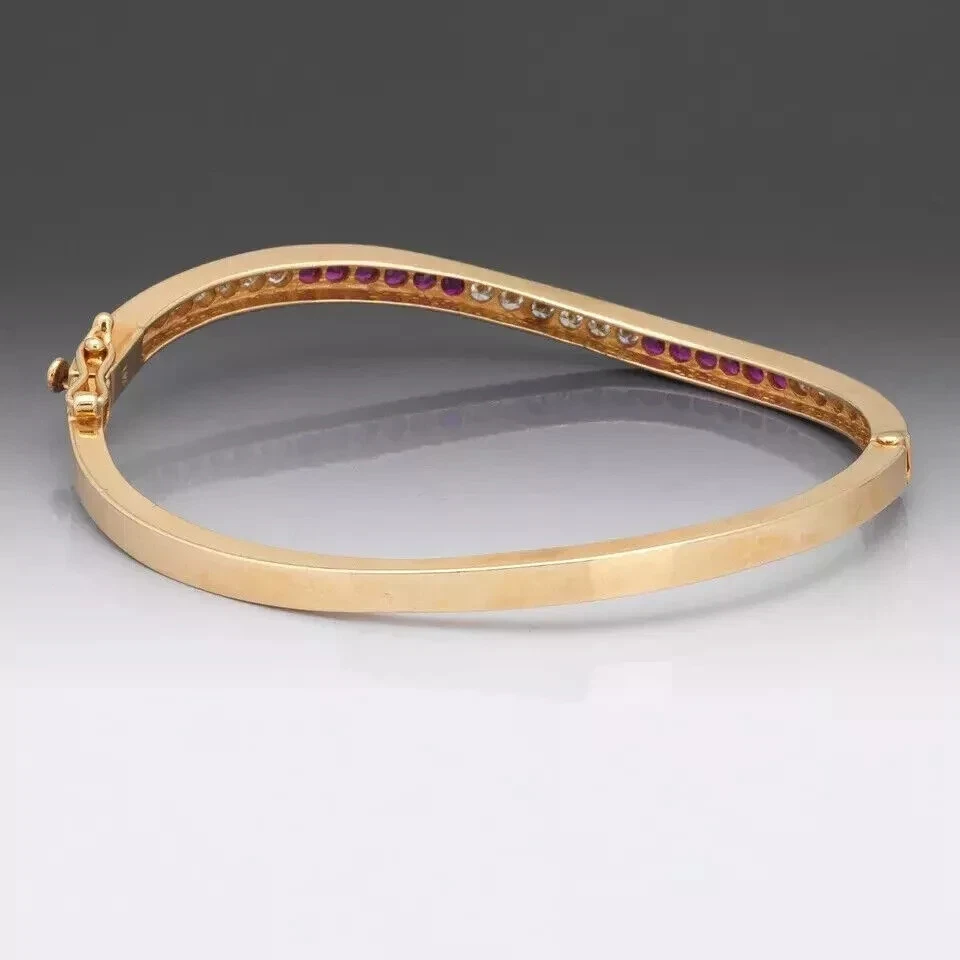 14K Yell Gold Plated Rd Cut Lab Created Ruby Diamond Womens Bangle Bracelet 7.5" - Image 3 of 4
