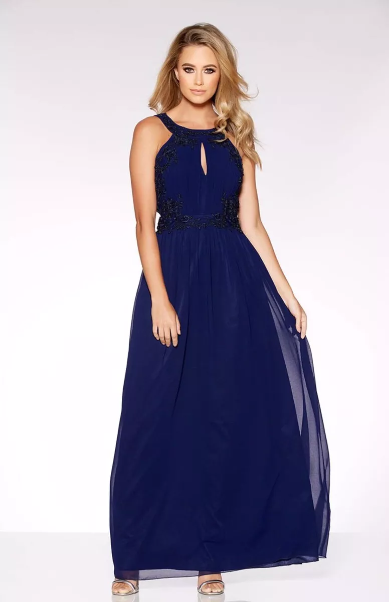 Beautiful Navy Chiffon Embelished Maxi Prom Dress New RRP 80