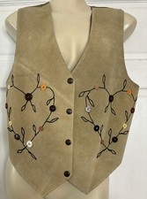 Agapo Genuine Leather Vest Beige Embroidery Buttons Snap Closure Medium