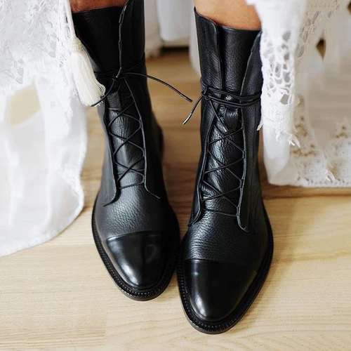 Stivali donna pelle verniciata stringati a punta scarpe basse casual calzature - Foto 1 di 14