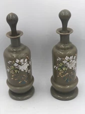 2 Antique Bristol Glass Vases Hand Painted Flowers Shabby Gray Opaque - I2