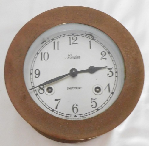 FINE BOSTON / CHELSEA 4.5" KEY WIND BRASS SHIP'S CLOCK & BAROMETER SET-WORKING - Picture 8 of 19