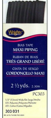 Wrights ~ (PC303-0031) - Bias Tape Piping - Black, 2 1/2 Yd, 1/2'' wide