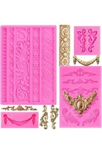 4 Pack Silicone Fondant Molds Baroque Scroll Border Lace Molds for Candy Cake