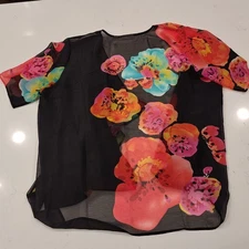 Susan Graver Caridgan Size L Chiffon Cascading Open Front Floral Tropical Black