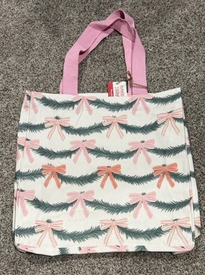 Peppermint Square Bow Canvas Tote Reusable Gift Bag Holiday Christmas Pink