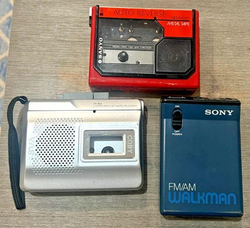 Lot of 3 Vintage Sony and Sanyo Walkman Cassette Tape Players - For Parts