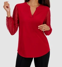 Kasper Women's Red Clip-Dot Sheer-Sleeve Split-Neck Blouse Top Size L