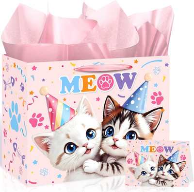 Cute Cat Birthday Gift Bag for Girls, Cartoon Meow Gift Bag with Tissue Paper an