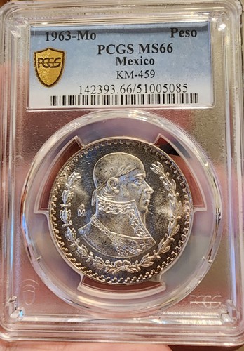 Mexico 1963-Mo Hidalgo Silver Peso Graded PCGS MS66 Nice White Coin