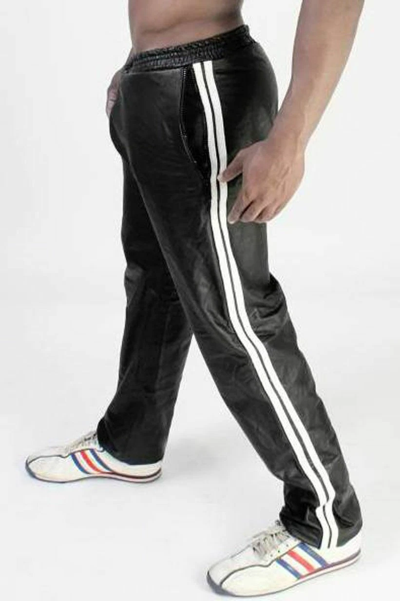 Men's Real Leather Jogging Sweat Pants Leather Three Color Strip Pants