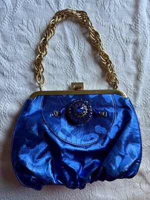 Bruno Giordano Vintage Sapphire Blue Italian Leather Cocktail Bag with Gemstones