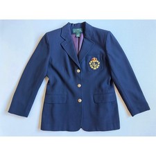 Vintage Lauren Ralph Lauren Navy Wool Blazer 10P Crest Embroidered Gold Buttons