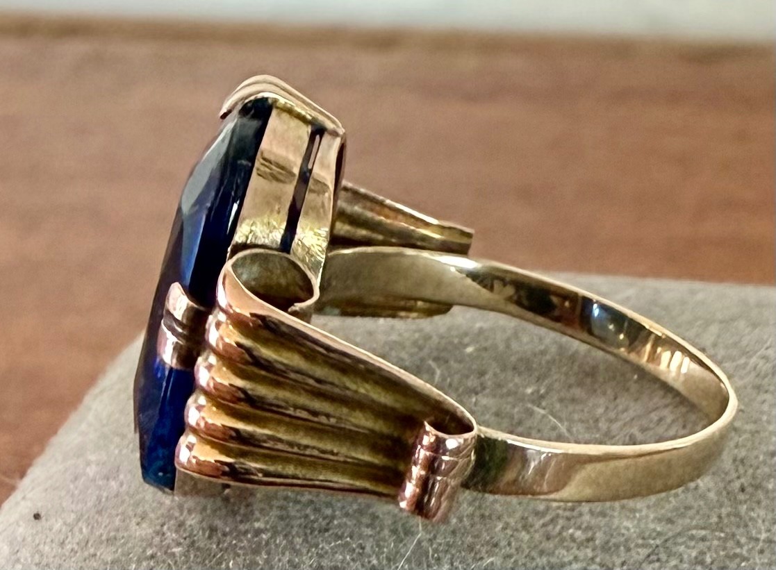 Antique 10k Solid Yellow Gold Ring Large Blue Sto… - image 13