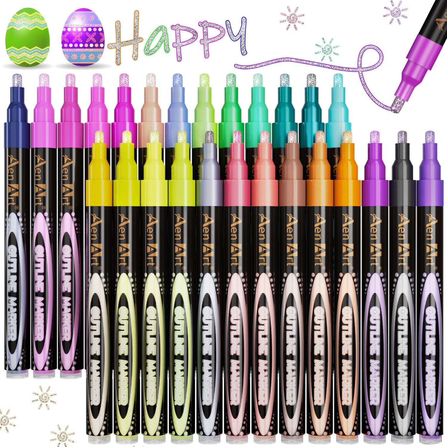 Double Line Pens, 26 Colors Shimmer Outline Marker, Self-Outline Metallic Pen Ar