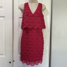 VTG GUESS Womens Hot Pink Scalloped Midi Dress Sz 4 90’s Fringe Y2K Valentine 