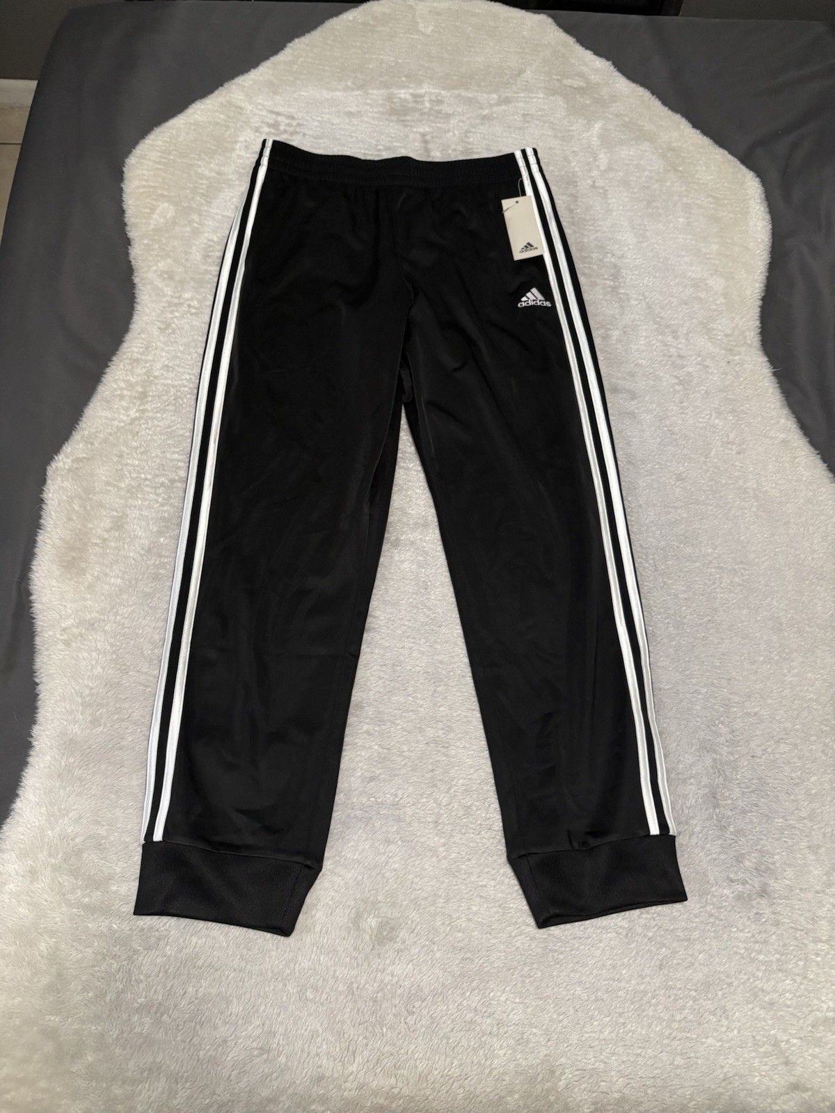 New Adidas Mens Boys Large 14/16 Black White Striped Joggers Sweatpants