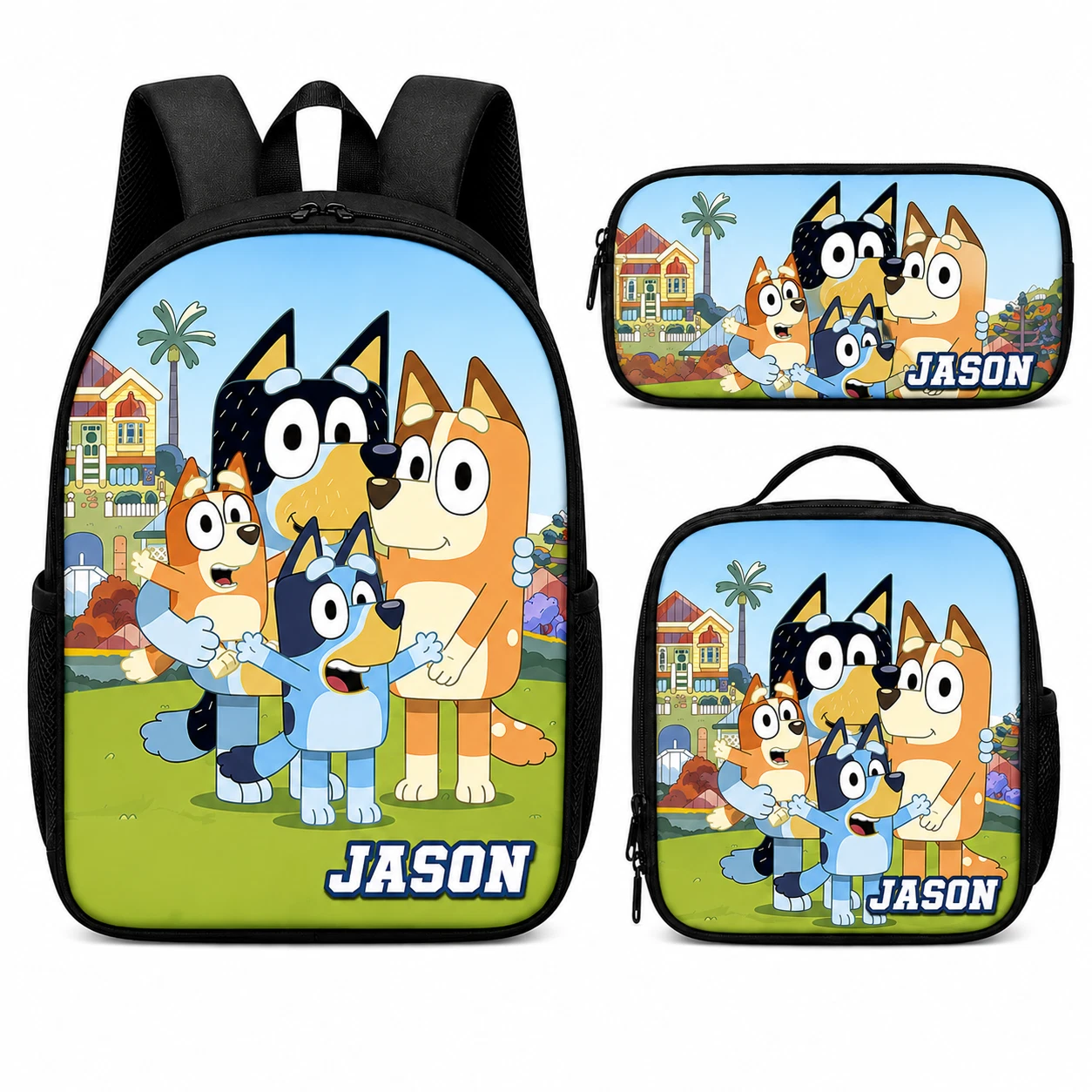 Personalized Cute Blue Dog Family Backpack Lunch Bag Pencil Case Set Custom