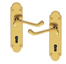 Brass Finish Victorian Epsom Scroll on Shaped Back Plate Lock Handles D3