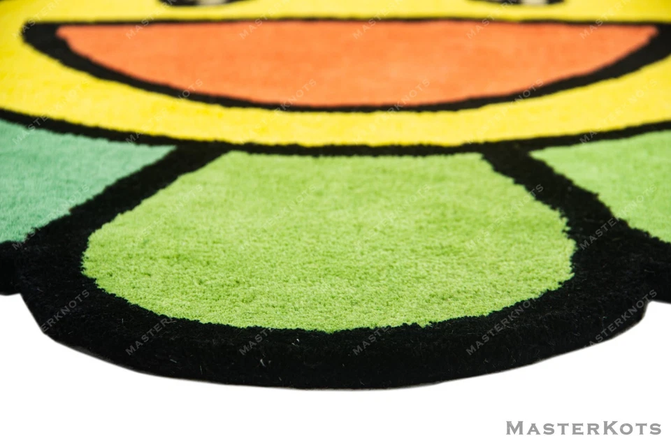Murakami Smiley Flower Multicolored Hand Tufted 100% Wool Soft Area Rug Carpet - Image 4 of 4