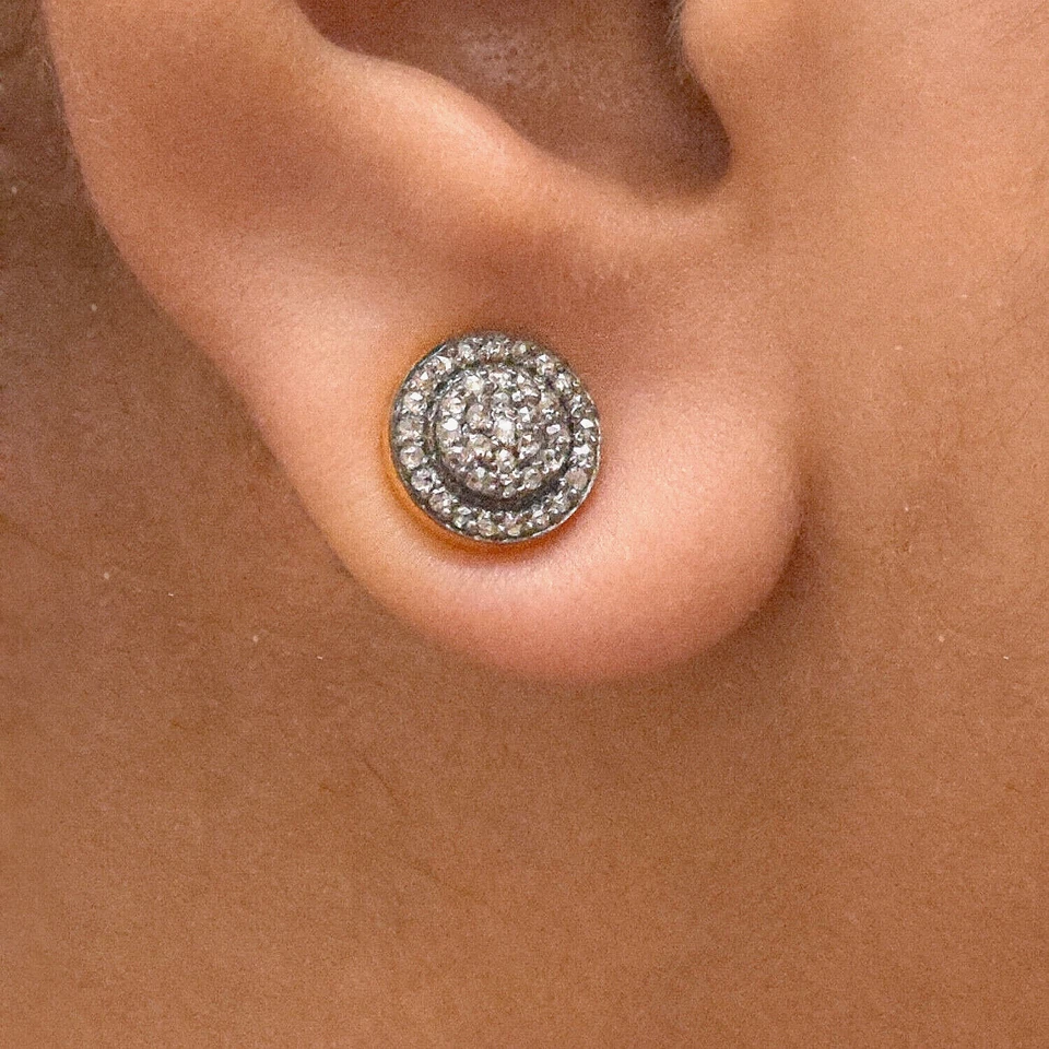 Pendientes de regalo minimalistas de plata 925 de oro de 14 quilates con pasador de disco de diamantes talla rosa para mujer Foto 2 de 4