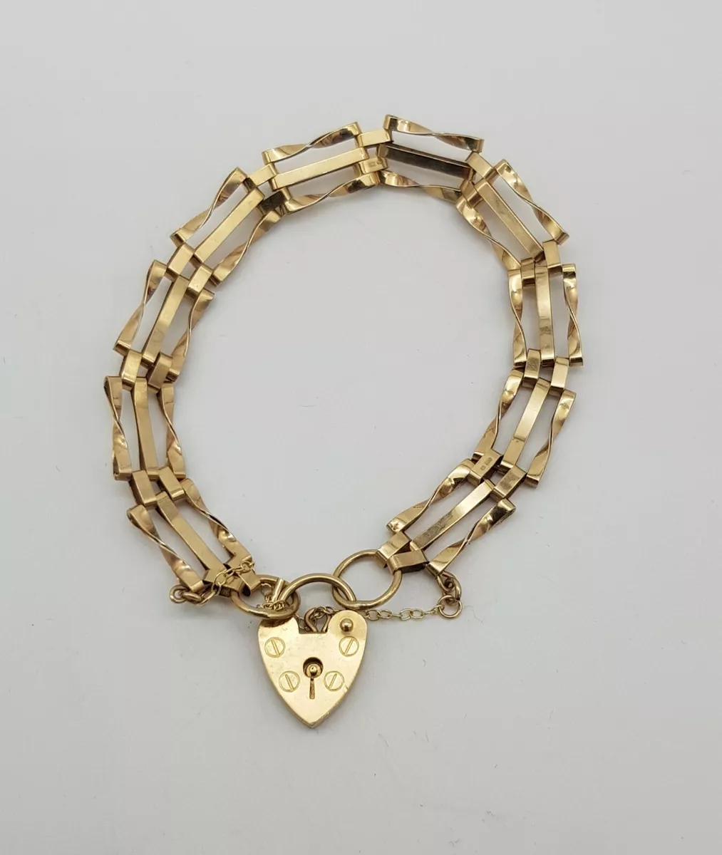 Vintage 1970s 9ct Gold 3 Bar Gate Bracelet With Heart Clasp and