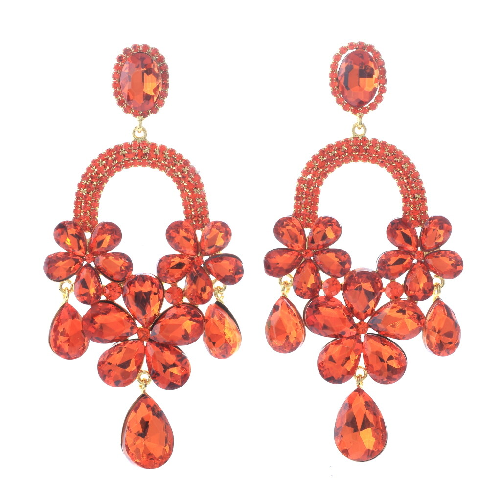 Gold Tone Metal Rhinestone Large Crystal Chandelier Post Earrings ESE9967-ORG