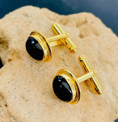 Natural Black Onyx Gold Plated Gemstone 925 Sterling Silver Cufflinks For Him