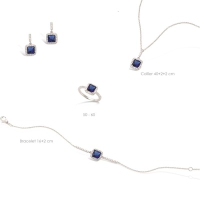 Bague Dolly-Bijoux Argent 925 - Saphir Carré Bleu Et Diamants CZ, Taille 56, Rhodié, Neuve Avec étiquettes