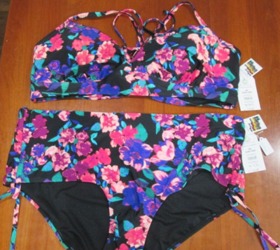 NWT Time & Tru Black Floral 2 Piece Bikini Womens Size 3X Mid Rise Strappy 32126