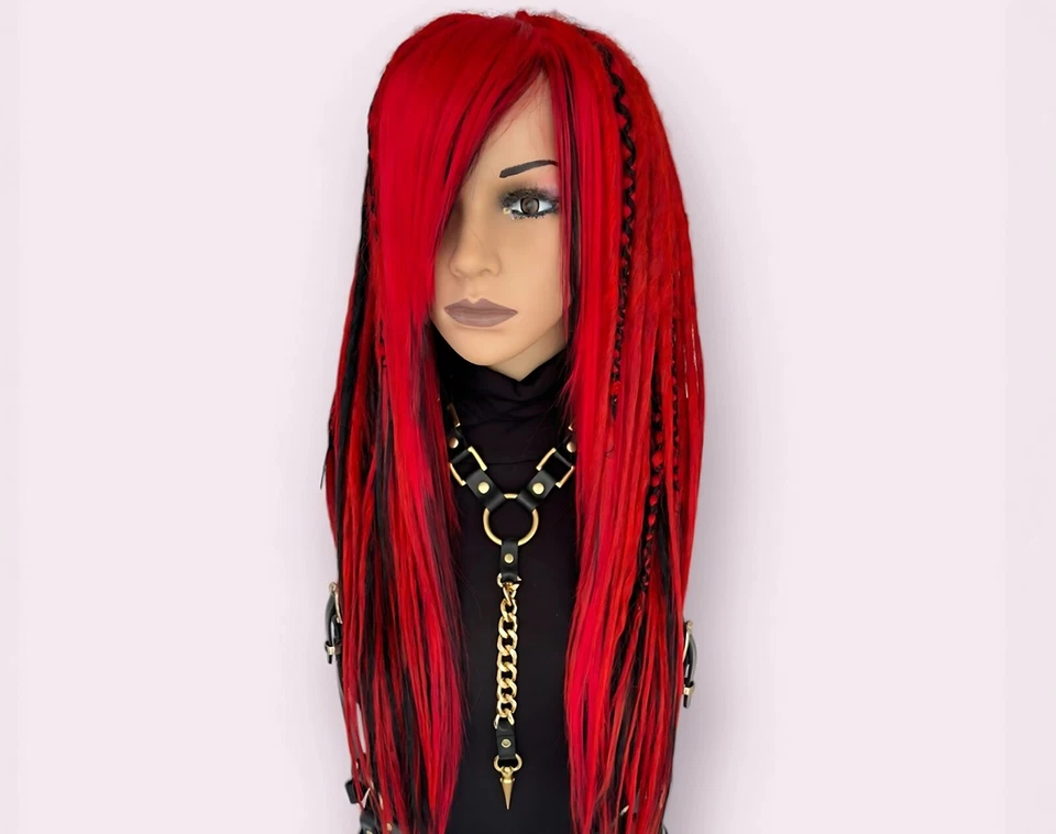 Peluca Locs de imitación negra y roja, peluca Dreadlock sintética con flequillo, hecha a mano y con estilo Foto 3 de 4