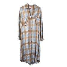 Show Me Your MUMU Leo Tunic Duster Women's S Blue Tan Plaid Button Up READ 