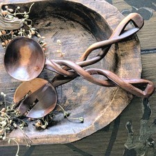 Vintage Hand Carved Wood Salad Servers Twisted Handles Boho Folk Art 12  