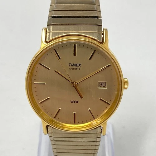Vintage Timex Watch Men Gold Tone 32mm Date Stretch Band New Battery 6.75" 1988