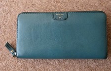 Fossil Teal Pebbled Leather RFID-Blocking Zip Around Clutch Purse Wallet VGC