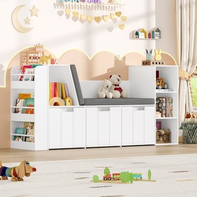 Kinderregal, 156 cm Bücherregal Kinder mit Sitzbank, Spielzeugregal Kinderzimmer