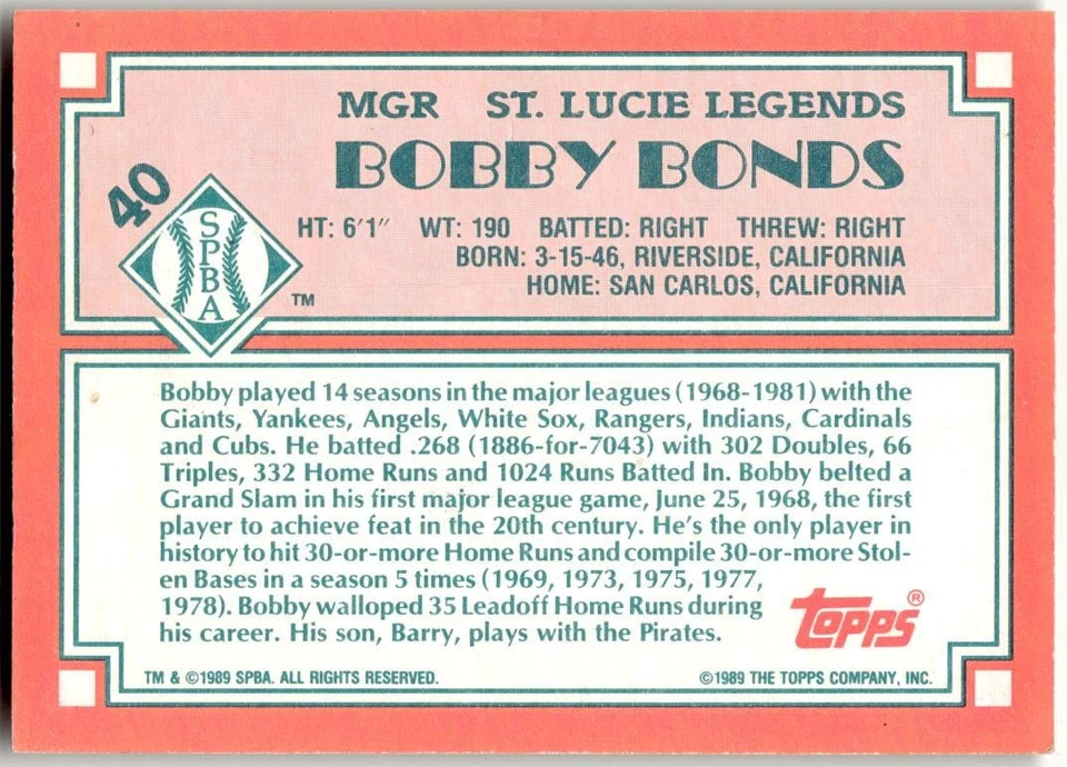 1989 Topps Senior League #40 Bobby Bonds - Image 2 of 2