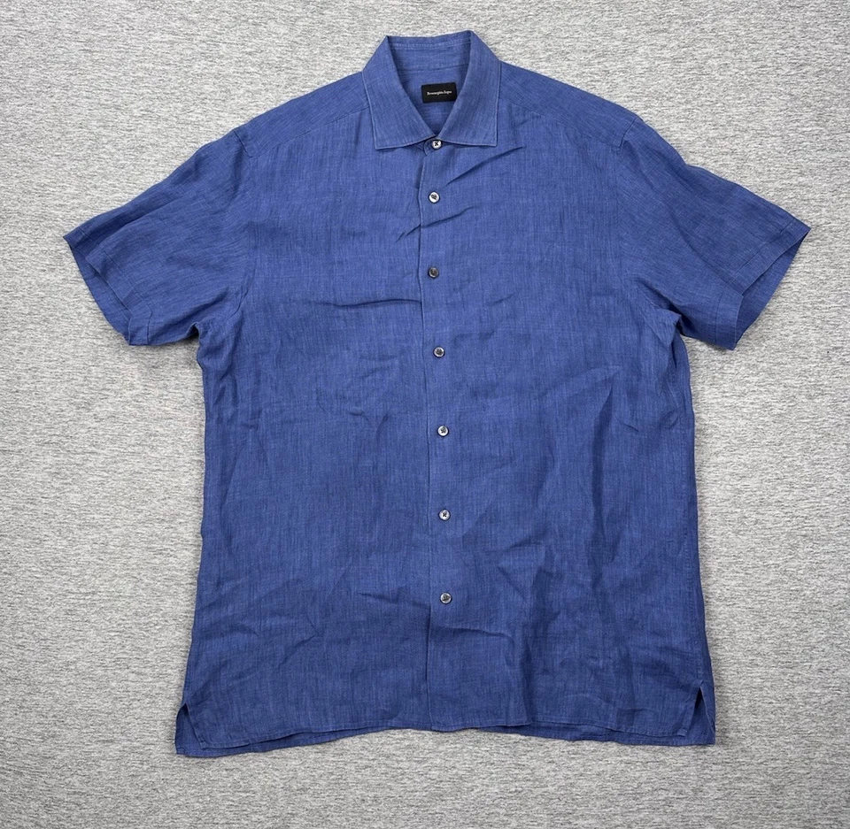 Ermenegildo Zegna Shirt Mens Large Blue 100% Linen Short Sleeve Button Up Travel - Image 2 of 4