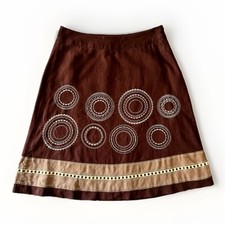Vintage Talbots Linen Midi A-Line Skirt Sz 10 Brown Embroidered Boho Y2K Artsy