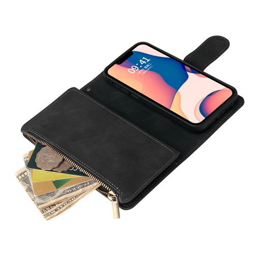 Leather Zip Wallet Case For iPhone 16 8 11 12 13 14 15 Magnetic Flip Stand Cover - Picture 2 of 17