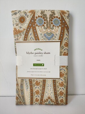 1 New Pottery Barn Blythe Paisley Shams Beige Gold Organic Cotton Euro Size 