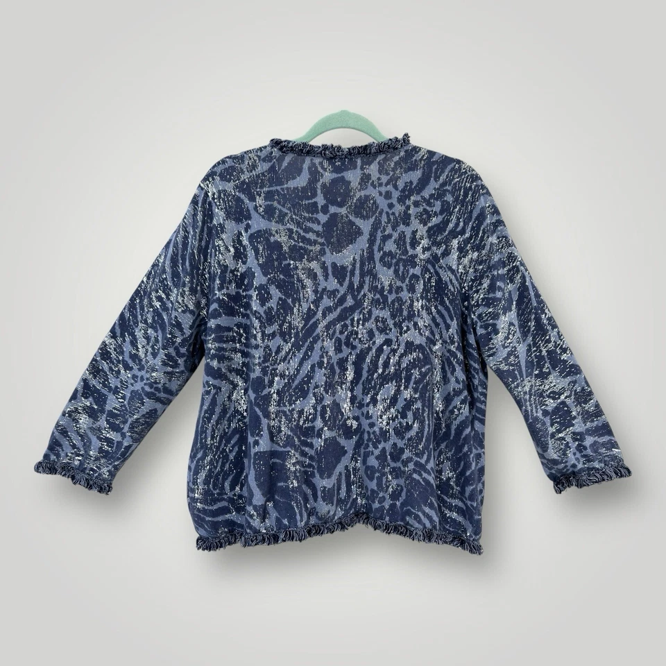 Chico's Blue Silver Foiled Animal Frankie Fringe Open Cardigan Sweater Sz 3 (XL) - Image 3 of 4