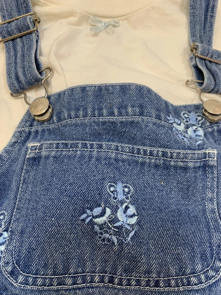 Vtg Young Hearts Girl Sz 6 Shorts Shirt Denim Overalls Outfit Floral Embroidery - Image 2 of 4