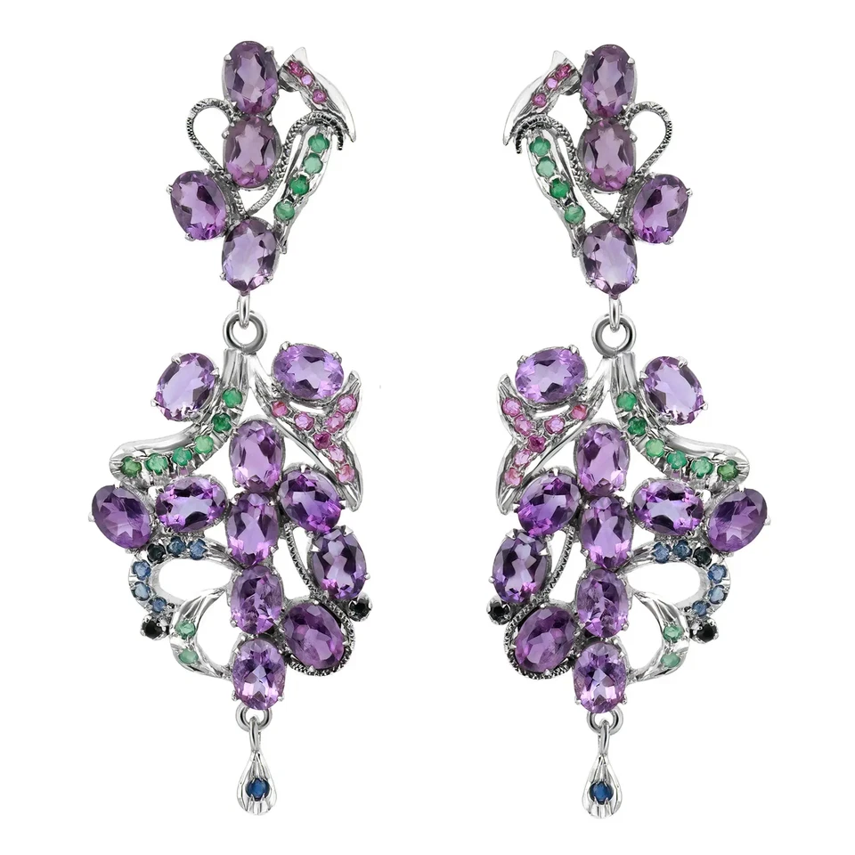 Amethyst Emerald Ruby and Sapphire Long Drop Dangle Earrings 90% Silver