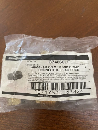 Jones Stephens, 68-68 3/8"OD X 1/2"MIP  Comp Connectors  Quantity 5 C74066LF - Picture 1 of 2
