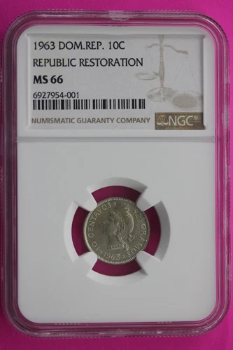 1963 MS 63 Dominican Republic 10 Centavos Silver Coin NGC Certified  Slab 159