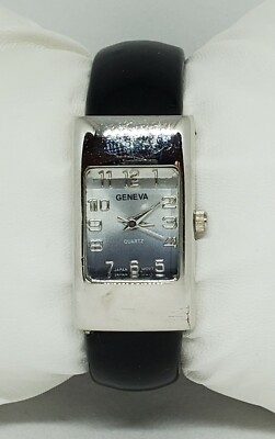 Ladies Geneva Stylish Silver Black Tone Rectangle Cuff Bracelet Analog Watch C2