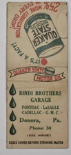 Vintage Quaker State Motor Oil Bindi Bros Garage Donora PA Advertising Matchbook