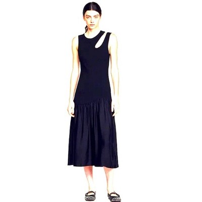 Sandro Paris Cut-Out Black Midi Dress Size 40 Rib Knit Satin Hem