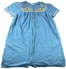 Go Softly Embroidered Bird & Floral Denim Patio Dress L Muumuu Caftan House coat